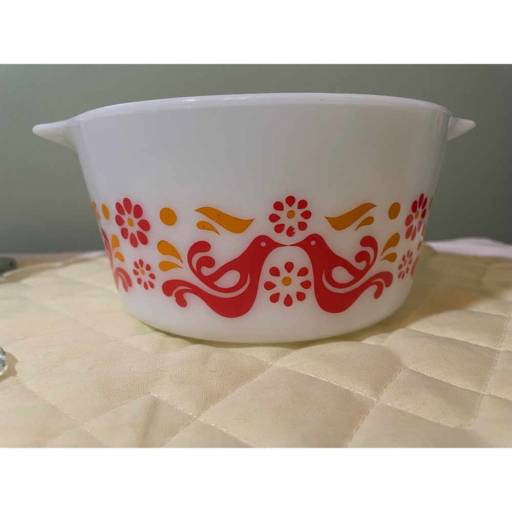 Vintage Pyrex Friendship Bird Casserole Dish with Lid Red Orange Floral 473